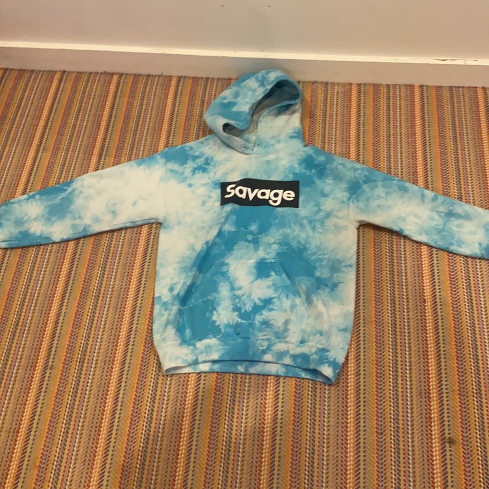tie die blue and white savage hoodie